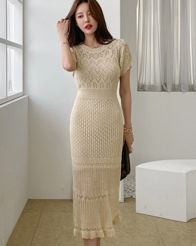 Package hip hollow round neck ice silk dress for women