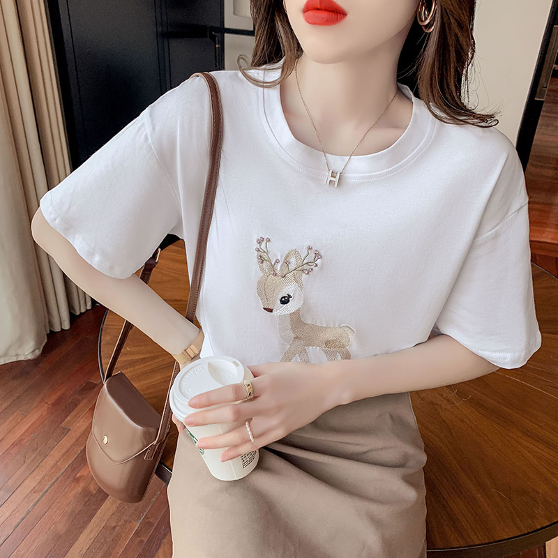 Round neck summer T-shirt retro embroidered tops