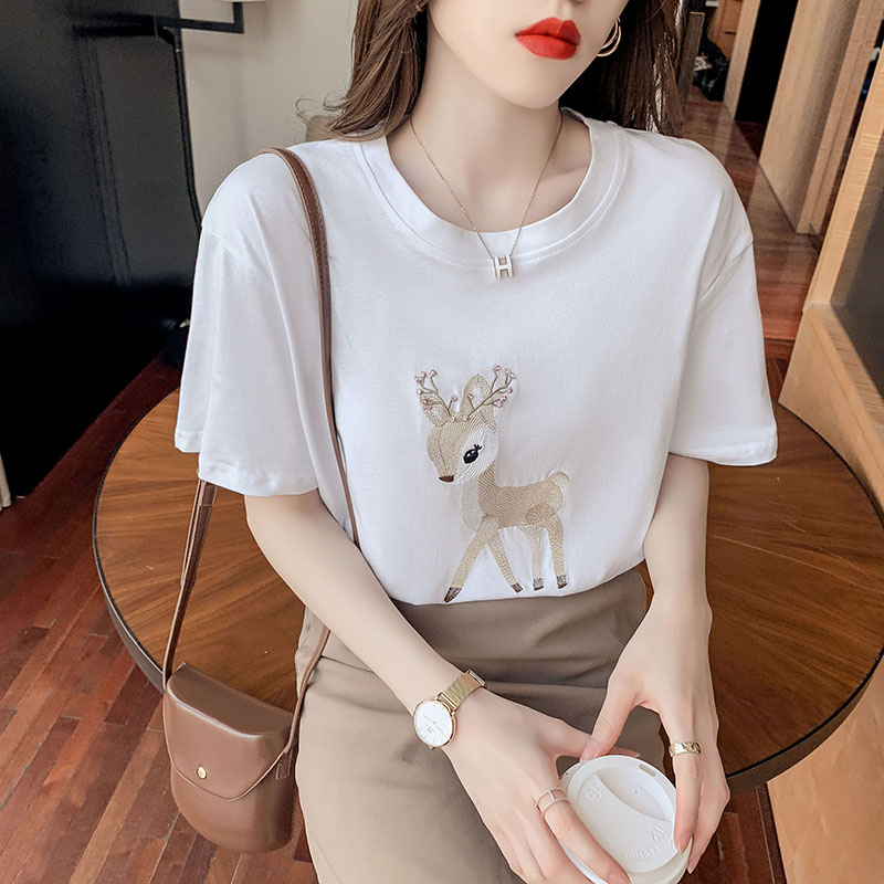 Round neck summer T-shirt retro embroidered tops