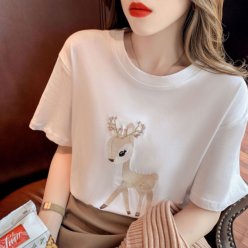 Round neck summer T-shirt retro embroidered tops