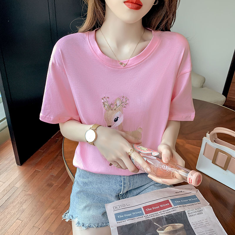 Round neck summer T-shirt retro embroidered tops