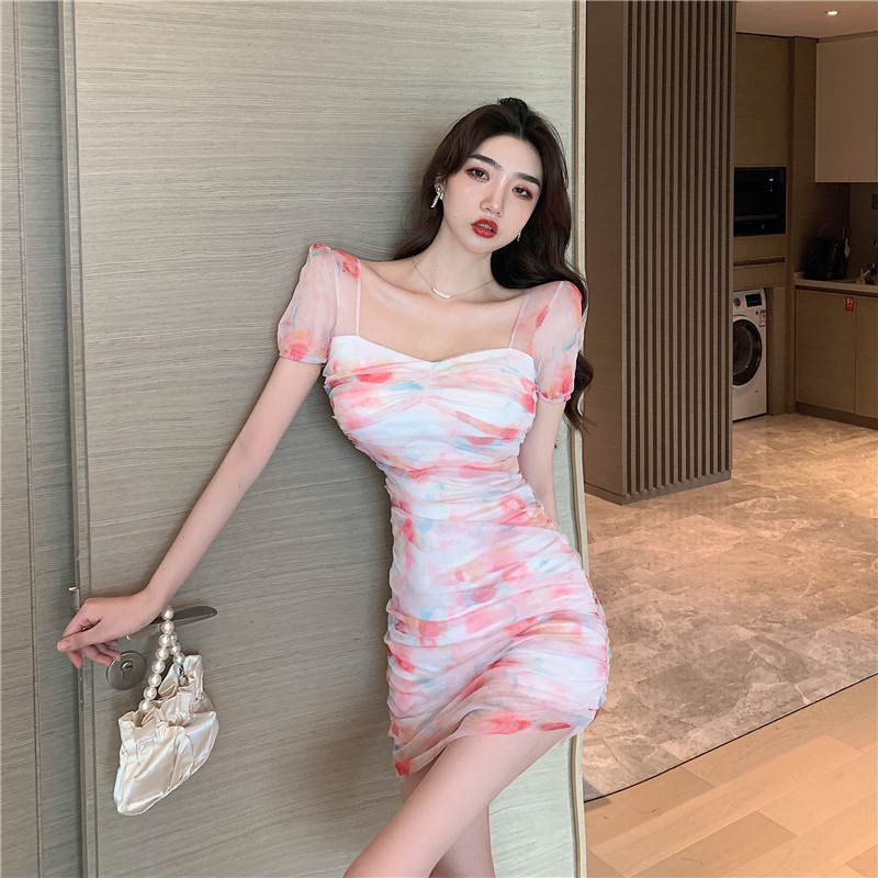 Printing pinched waist summer puff sleeve slim lace dress