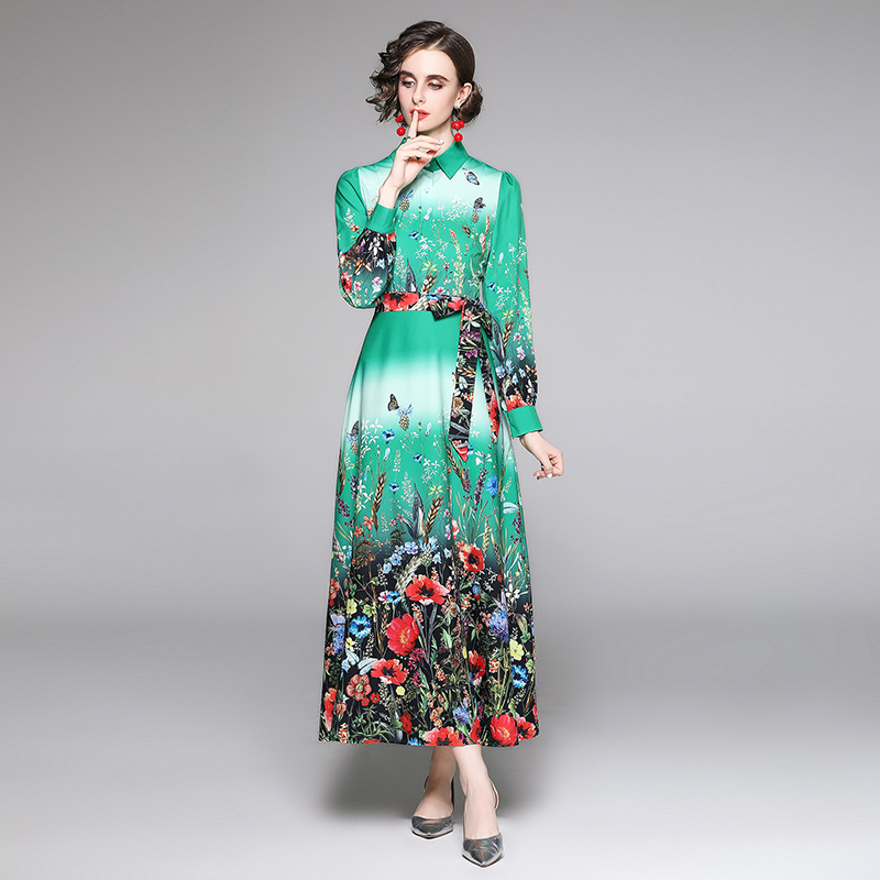Slim all-match European style pinched waist printing dress