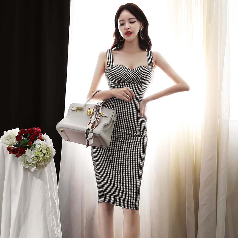 Korean style sexy plaid sling summer temperament dress