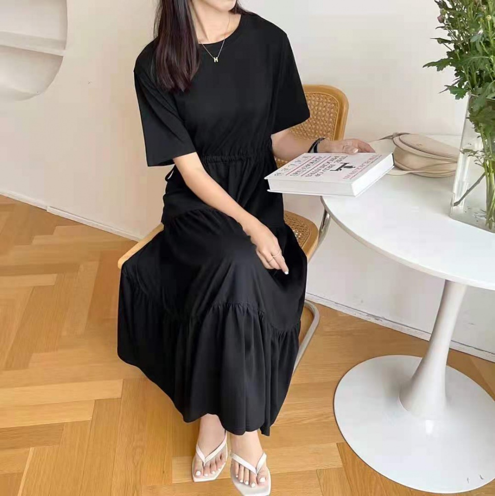 Slim short sleeve round neck Korean style dress