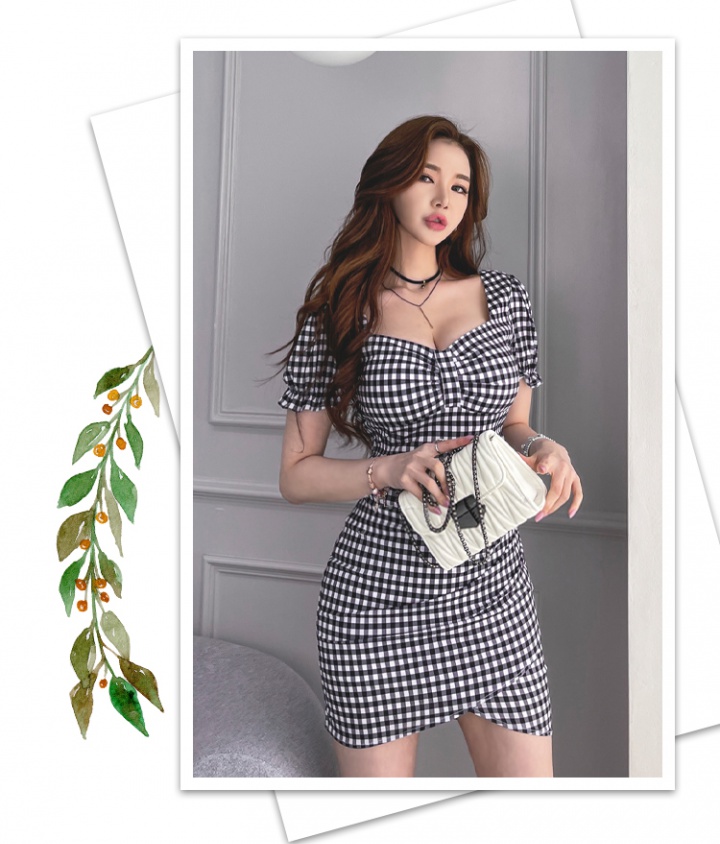 Plaid summer slim Korean style V-neck retro dress