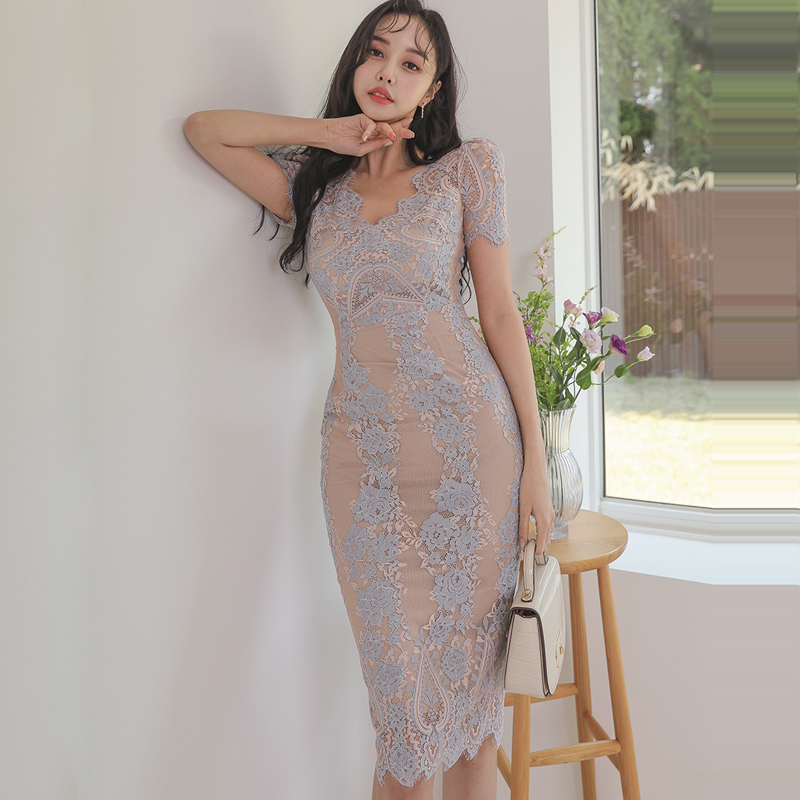 Lace summer V-neck package hip Korean style long dress
