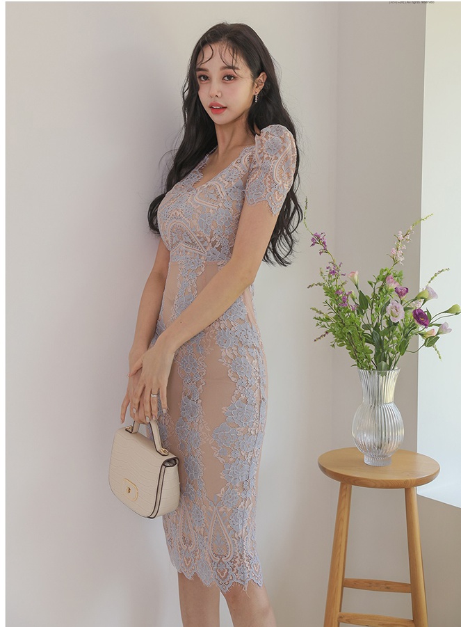 Lace summer V-neck package hip Korean style long dress