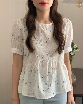 Hollow round neck Korean style shirt embroidery short sleeve tops