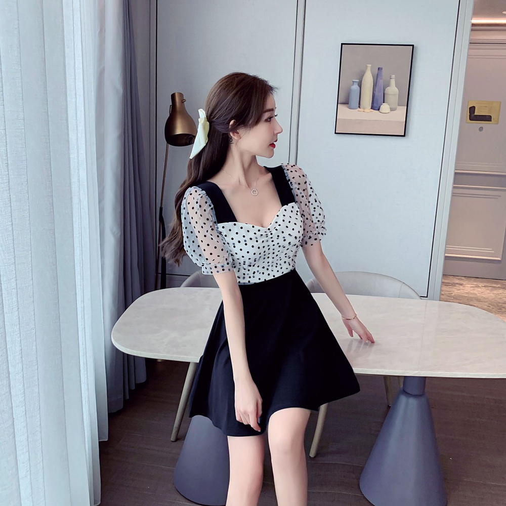 Temperament gauze Korean style slim polka dot dress