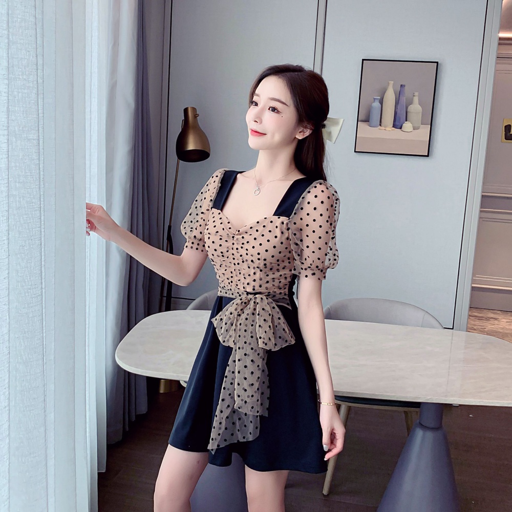 Temperament gauze Korean style slim polka dot dress