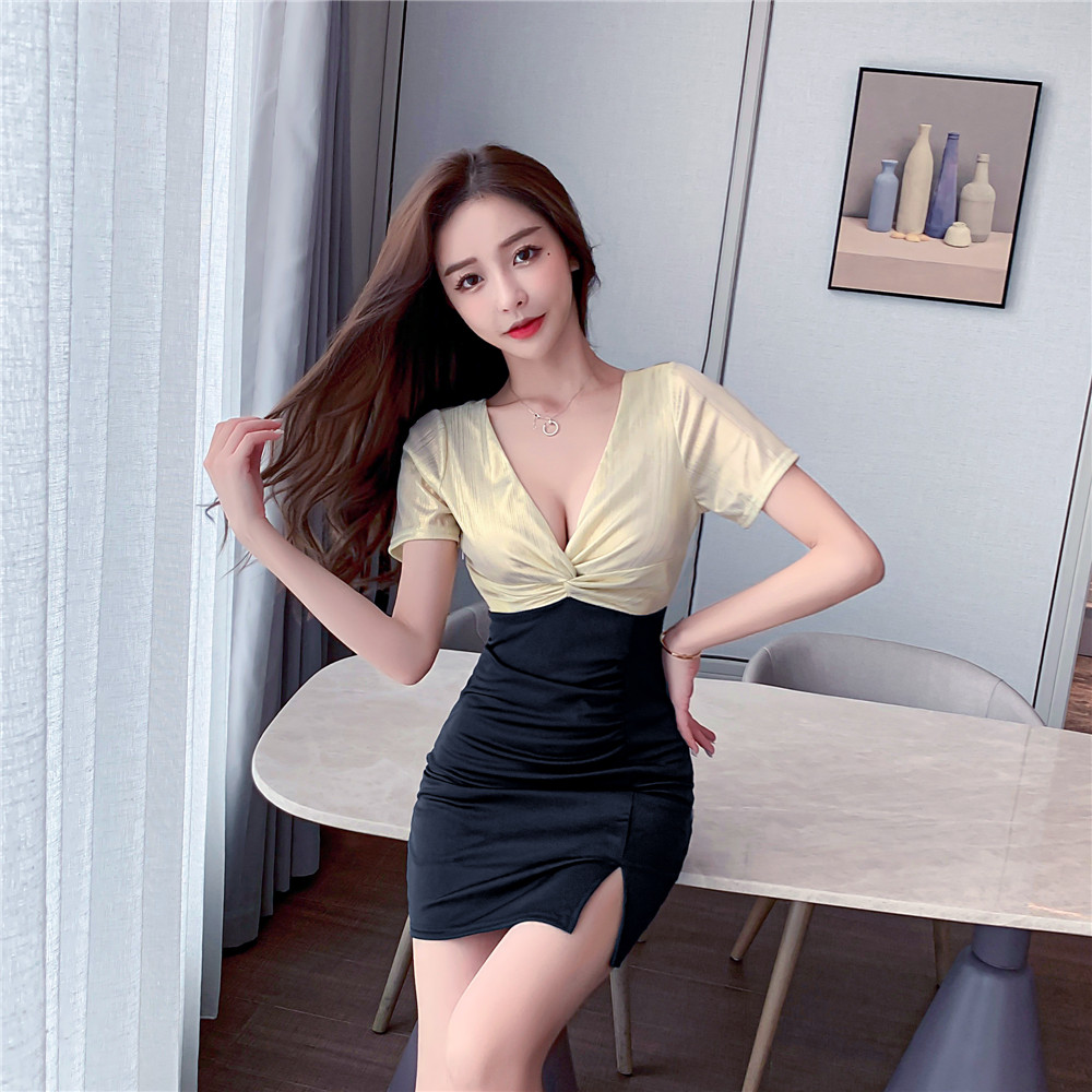 V-neck package hip sexy overalls short sleeve tight dress