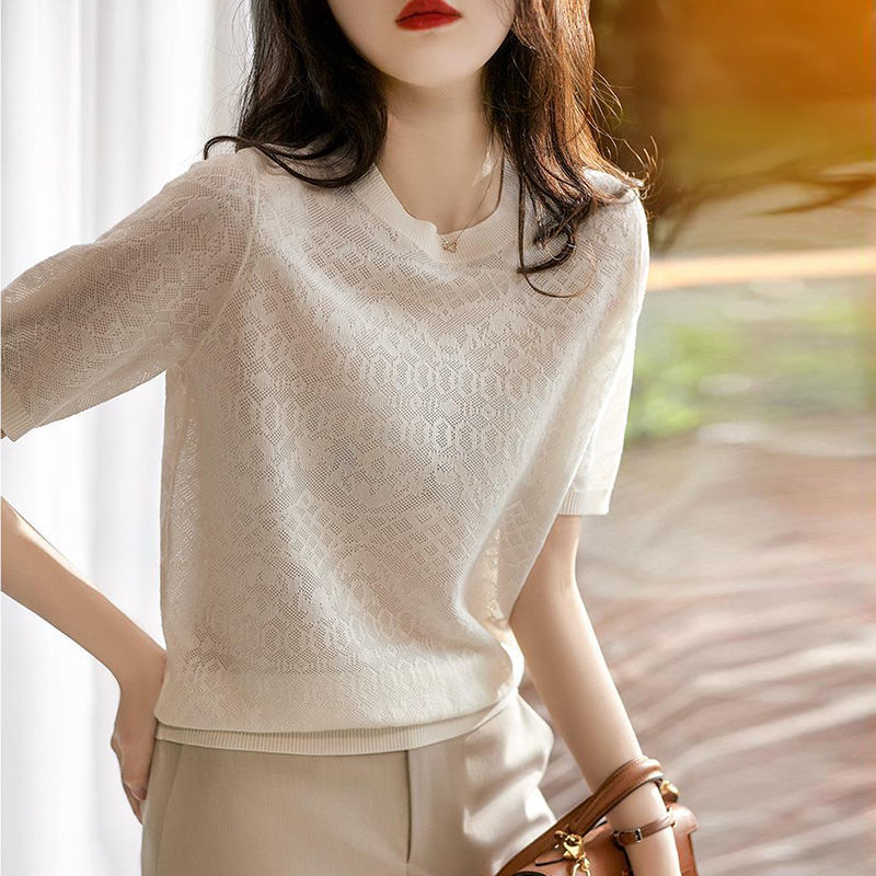 Round neck knitted silk jacquard weave T-shirt