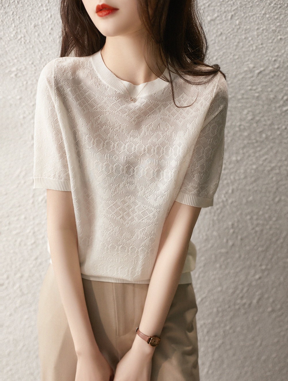 Round neck knitted silk jacquard weave T-shirt