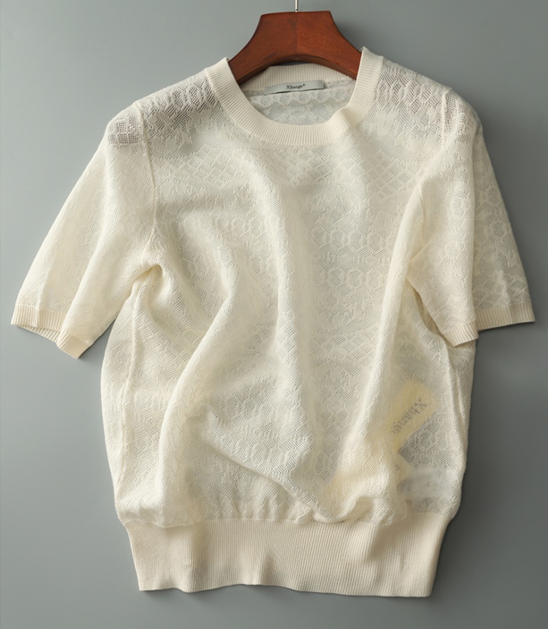 Round neck knitted silk jacquard weave T-shirt