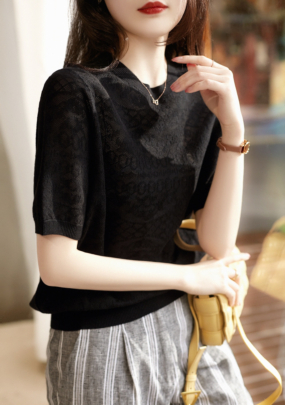 Round neck knitted silk jacquard weave T-shirt