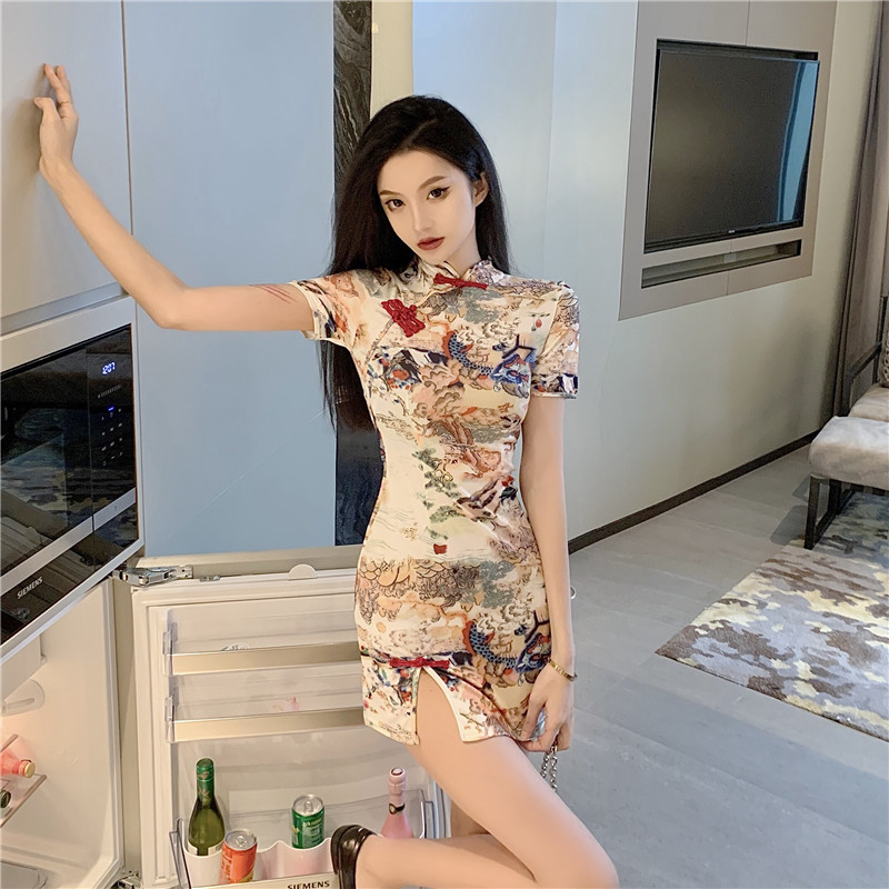 Retro printing dress slim cheongsam