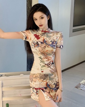 Retro printing dress slim cheongsam