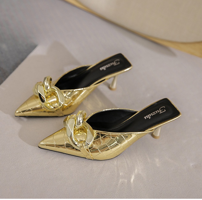 Chain slippers retro high-heeled shoes for women