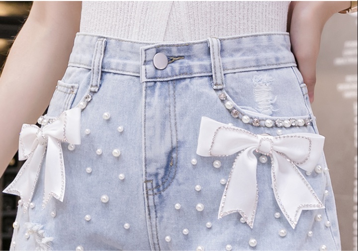 High waist bow slim beading removable student short jeans