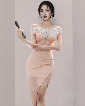 Horizontal collar Korean style T-back lace dress for women