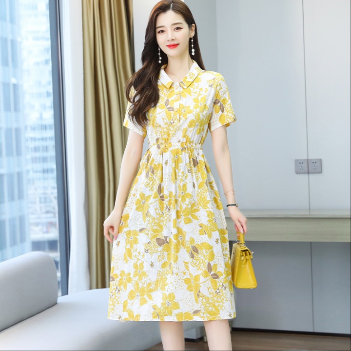 Loose floral long cotton linen lapel summer dress