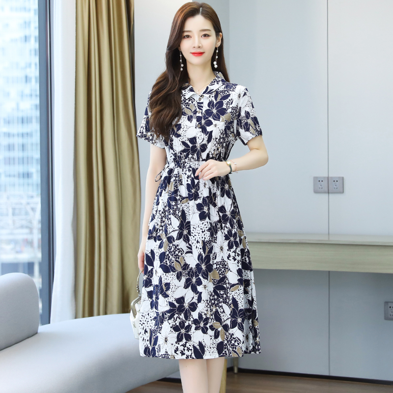 Loose floral long cotton linen lapel summer dress