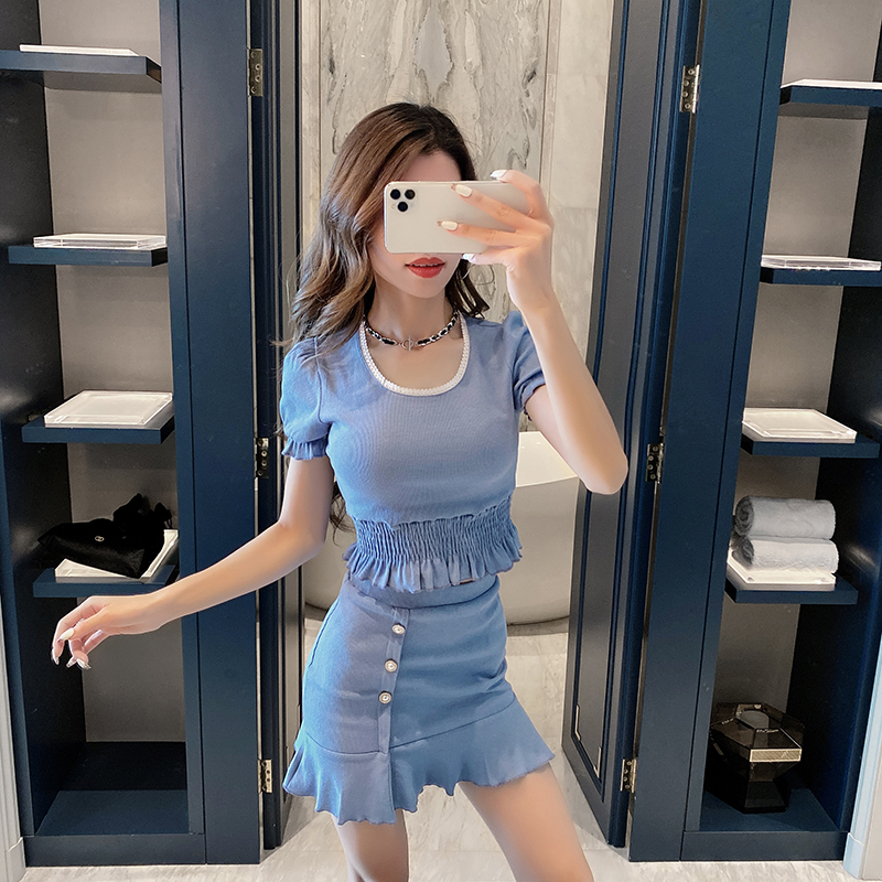 Korean style simple pure short skirt 2pcs set for women