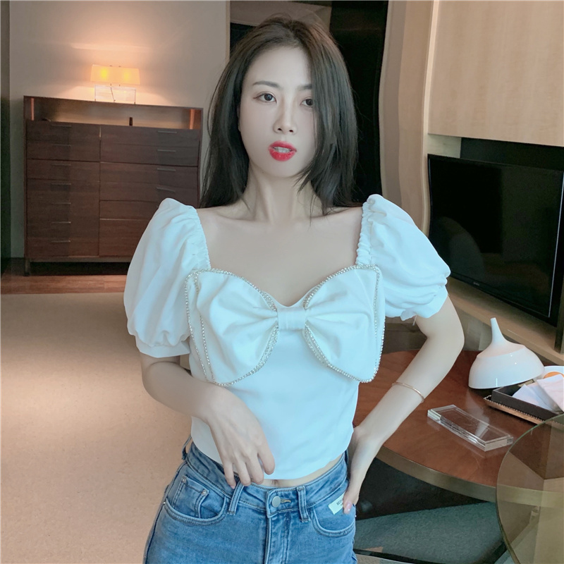 Rhinestone Korean style bow tops short slim shirt for women