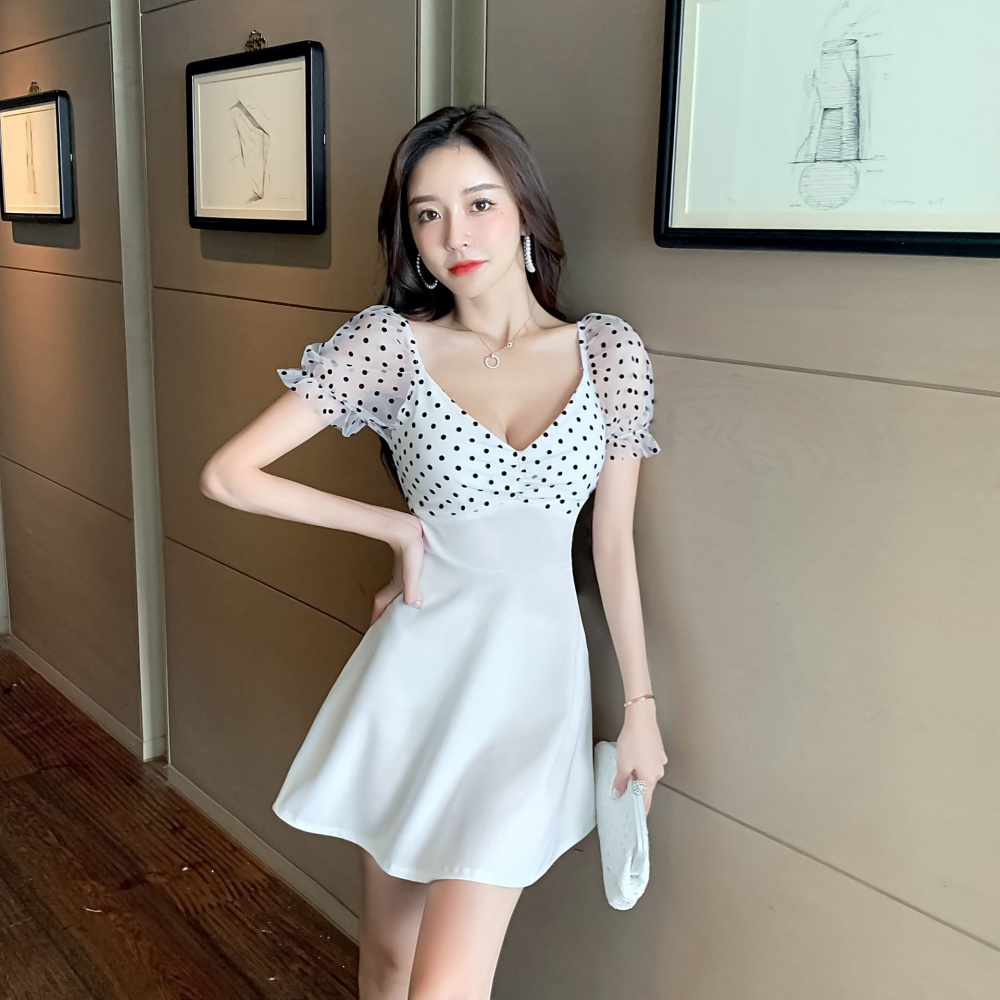 Low-cut halter pinched waist sexy V-neck Cover belly dress