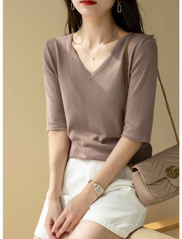 Slim bottoming pure tops thin ice silk V-neck sweater for women