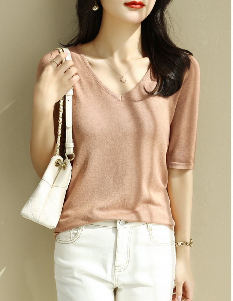 Slim bottoming pure tops thin ice silk V-neck sweater for women