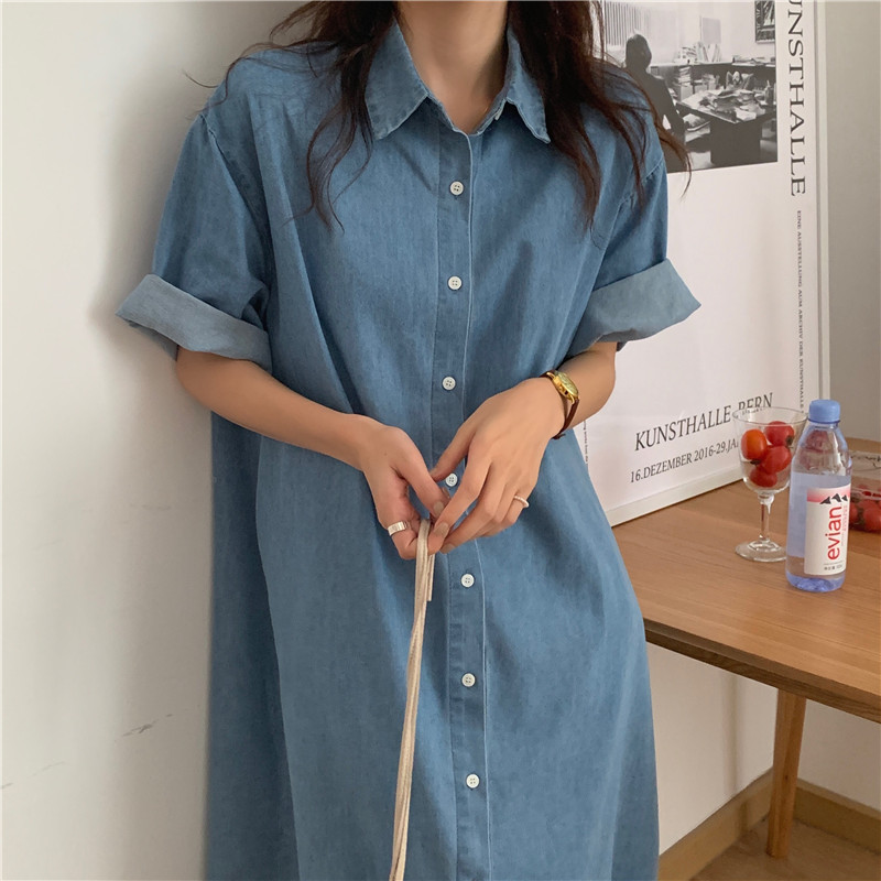 Korean style long shirt retro single-breasted dress