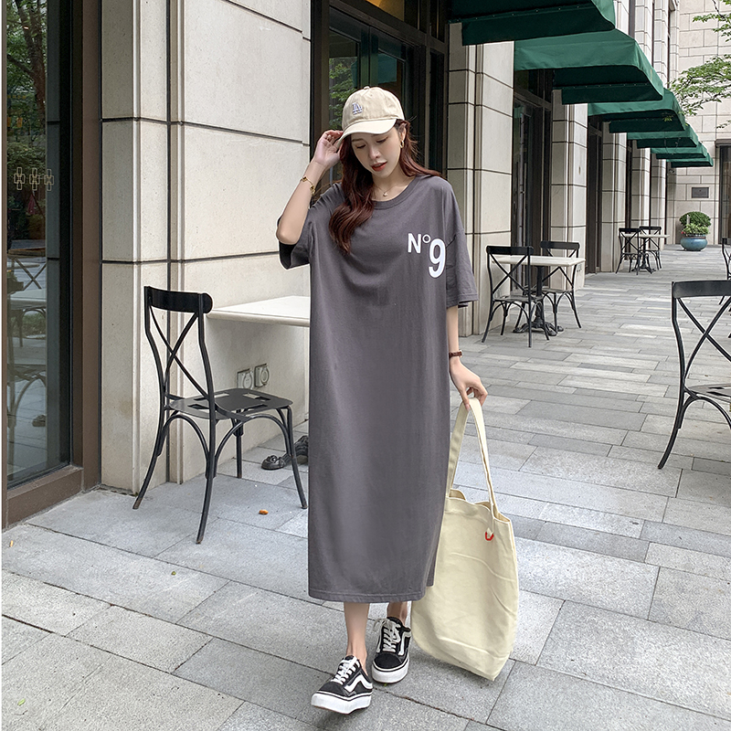 Korean style split loose T-shirt slim long large yard dress