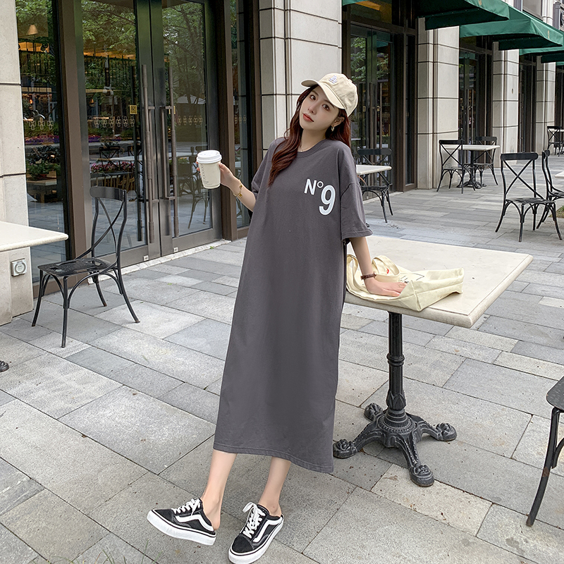 Korean style split loose T-shirt slim long large yard dress