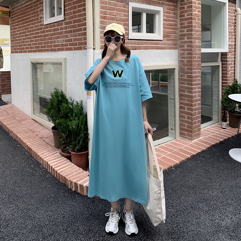 Printing back hollow simple T-shirt Korean style long dress