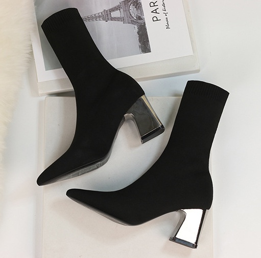 Pointed sexy thick boots knitted high-heeled socks for women