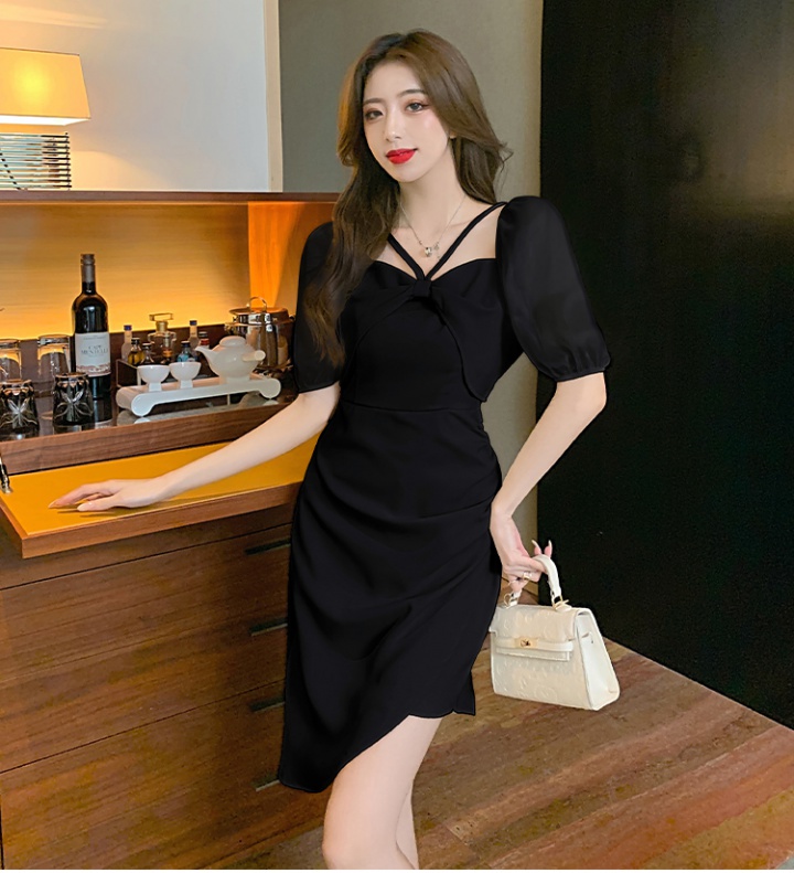 France style pinched waist clavicle short sleeve sleeve dress
