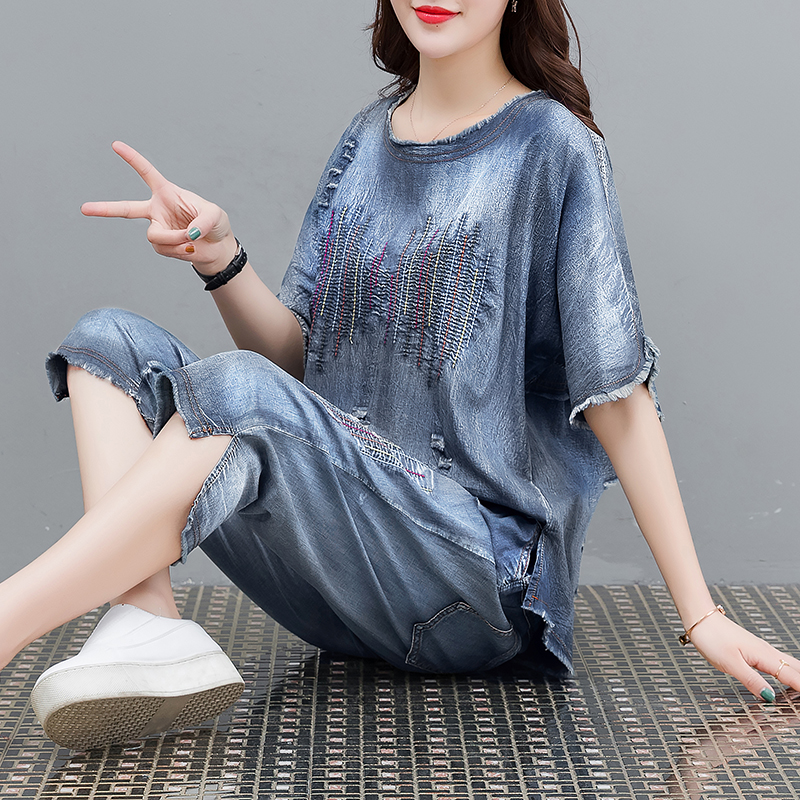 Slim summer Korean style short jeans 2pcs set for women