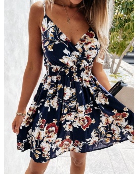 V-neck floral summer pinched waist sling big skirt dress