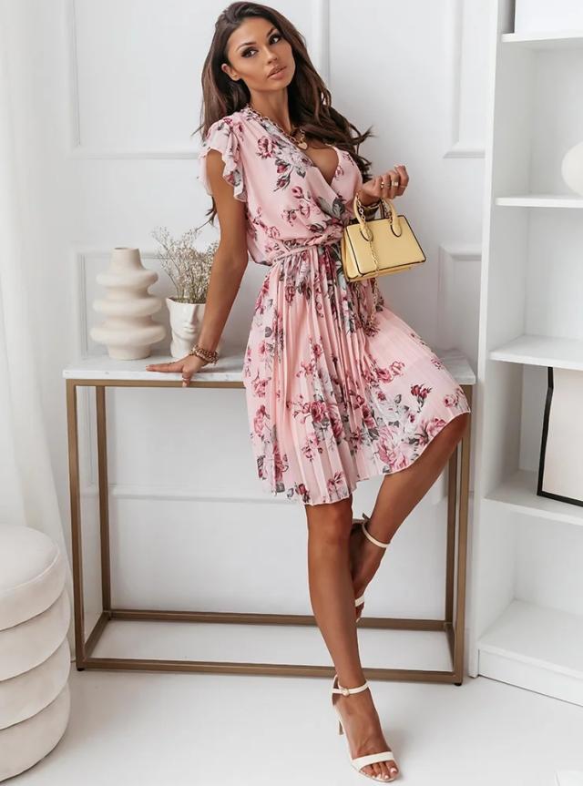 Durian sleeve summer pinched waist pleated dress