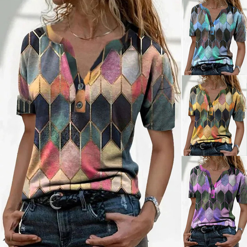 Mixed colors V-neck printing short sleeve T-shirt