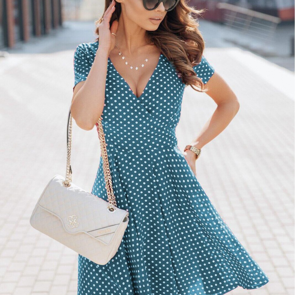 V-neck short sleeve summer big skirt polka dot dress