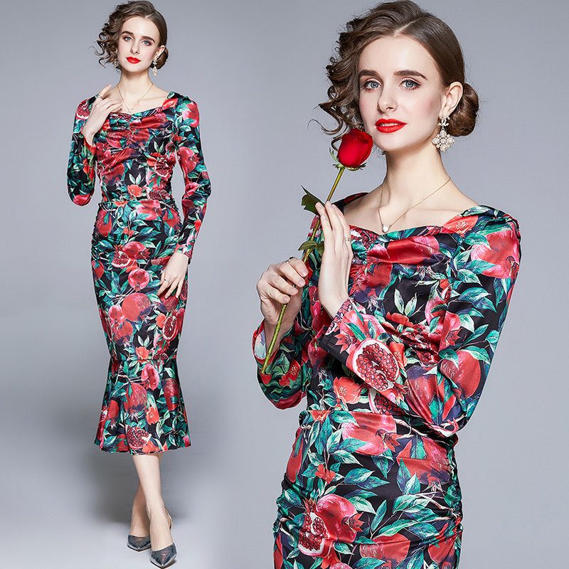 Satin dress printing formal dress for women