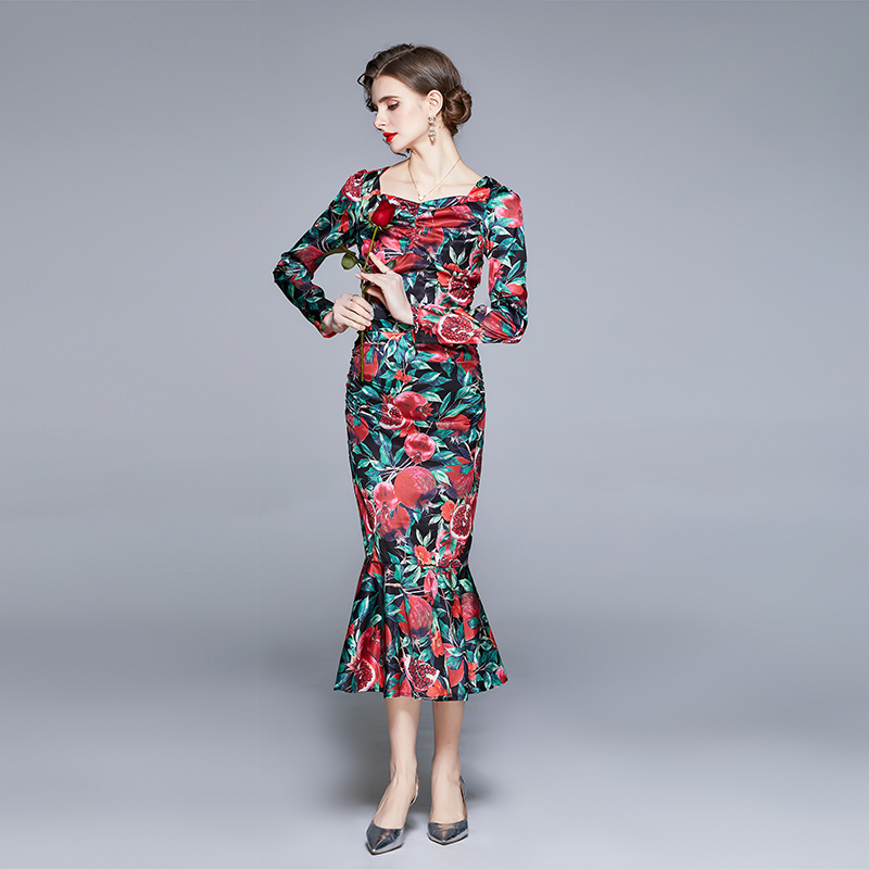 Satin dress printing formal dress for women