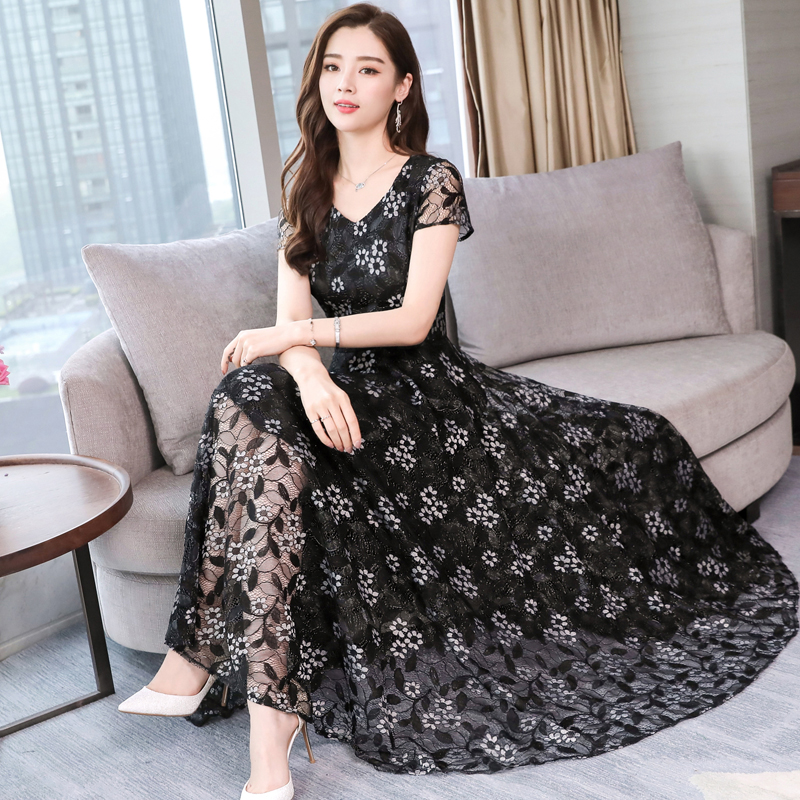 Lace Cover belly slim long temperament floral large yard dress