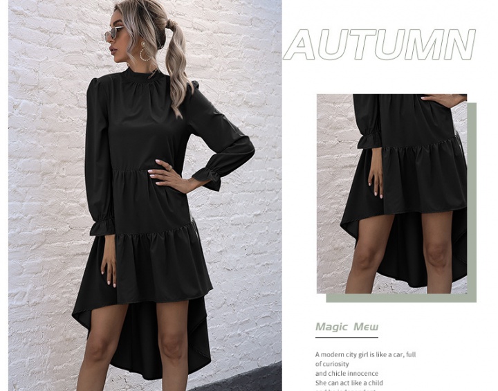 European style black high collar fold dress for women