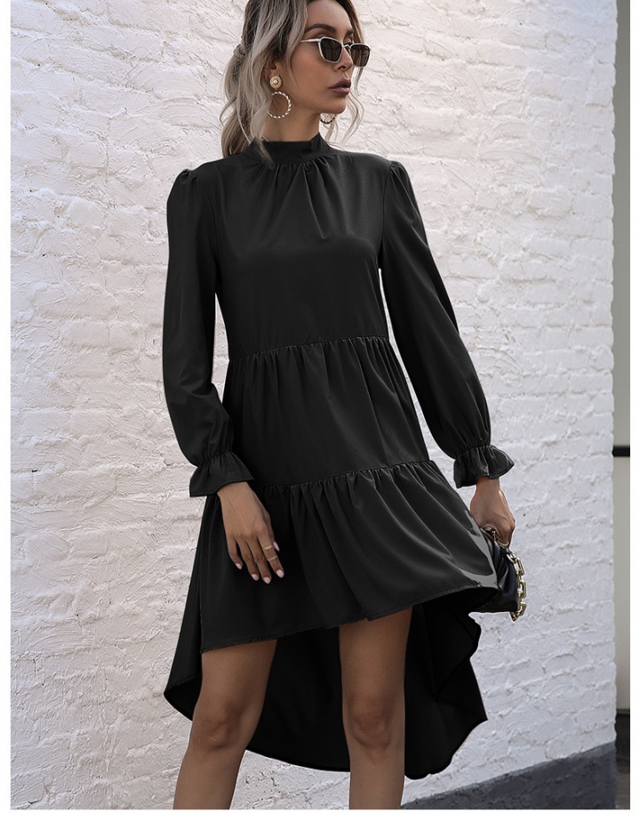 European style black high collar fold dress for women