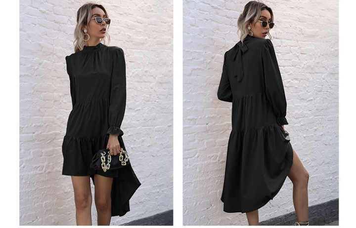 European style black high collar fold dress for women