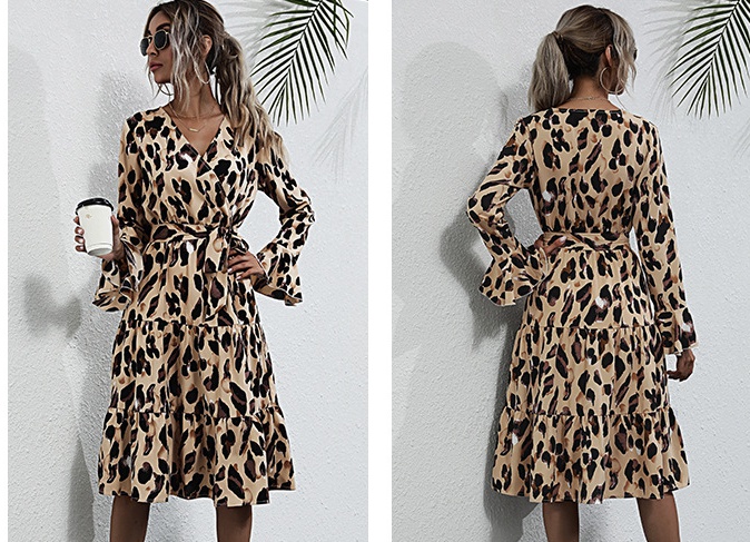 Leopard printing frenum long spring dress for women